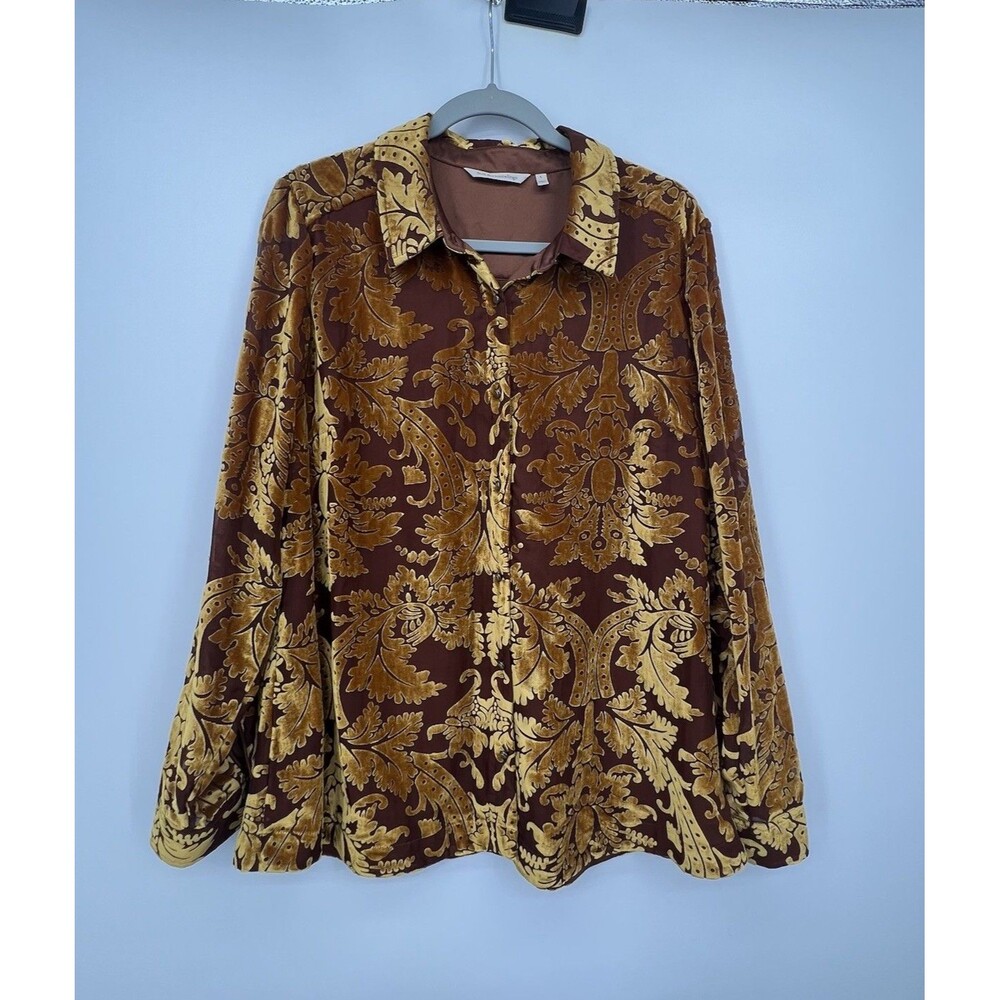 Soft Surroundings Burnout Velvet Damask Button Up Top Sz L Gold Brown Whimsy Lux